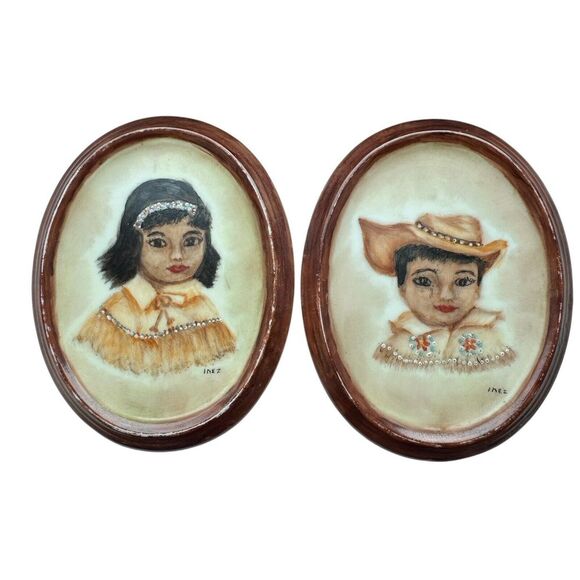 VTG Art Picture Porcelain Boy Girl Native American Southwest 5" Oval Inez Signed - Picture 1 of 8